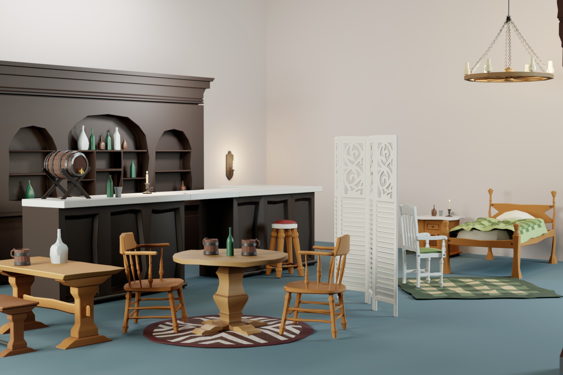 Stylized medieval tavern interior